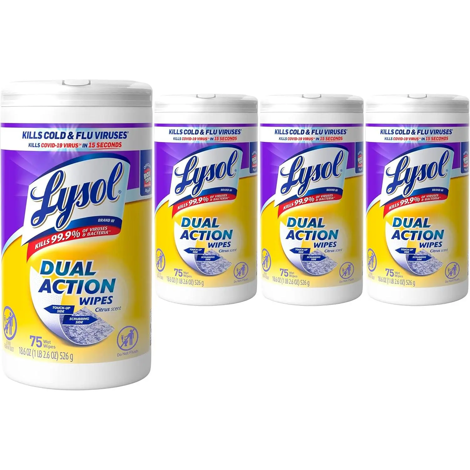 Dual Action Disinfectant Wipes, Multi-Surface Antibacterial Scrubbing Wipes, For Disinfecting and Cleaning, Citrus Scent, 75ct (Pack of 4), Packaging May Vary
