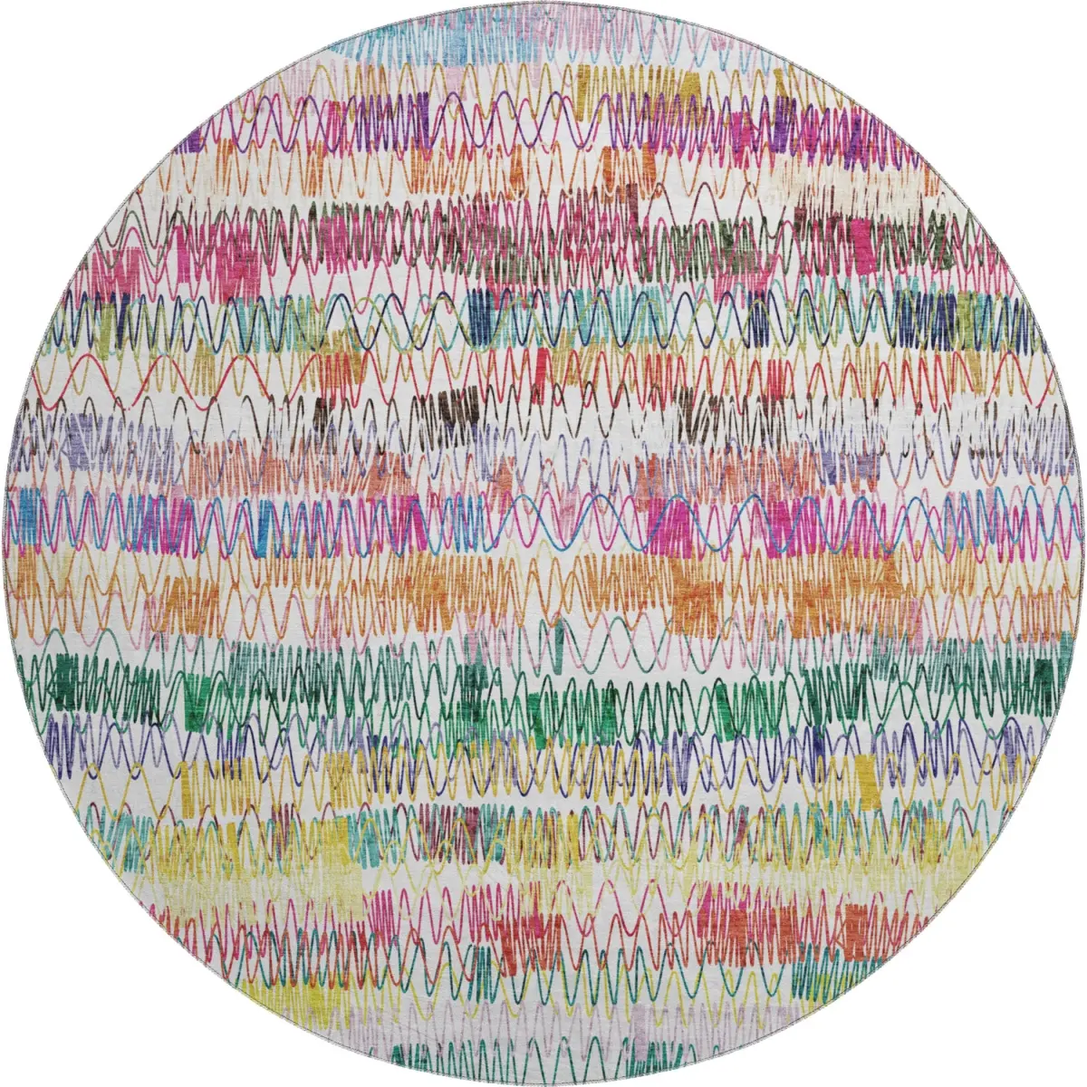 HomeRoots 667566 8 ft. Child-Friendly, Bright, Durable Green-Purple-Orange Striped Washable Round Area Rug with UV Protection, Child-Friendly Area Rugs, Bright Area Rugs