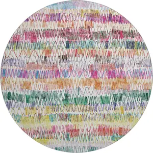 HomeRoots 667566 8 ft. Green Purple & Orange Striped Washable Round Area Rug with UV Protection