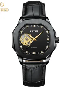 Simple Fashion Waterproof Men's Watch, Analog Square Face, Geometric Pattern, Mechanical Movement, Skeleton Watches, Silver Color Alloy Case, All Seasons