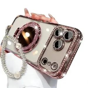 Women's Soft Phone Case with Mirror & MagSafe Compatible Stand for iPhone 14/15/16/17 Pro Max,17Air,14/15/16 Plus. Features a shiny frame, high-definition transparent material, and full-body drop-resistant design