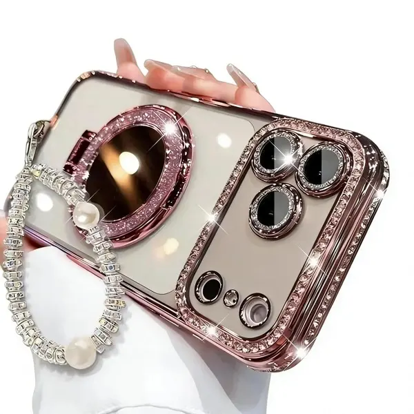 Women's Soft Phone Case with Mirror & MagSafe Compatible Stand for iPhone 14/15/16/17 Pro Max,17Air,14/15/16 Plus. Features a shiny frame, high-definition transparent material, and full-body drop-resistant design