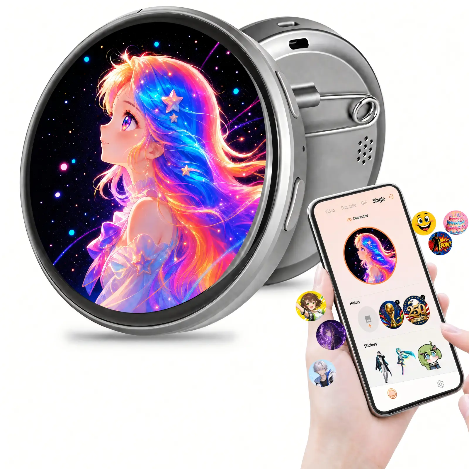 Digital Badge Anime Pins, Customizable Digital Pin Displays Audio Video & GIFs, Wearable Electronic Badge for Anime Con, Concert, Party, Bussiness, Ebadge for Ita Bag, Backpack