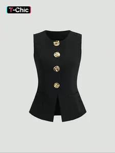 Women's Basic French Metal Button Sleeveless Thin Slim Fit Blazer Vests, Casual Daily Wear Jacket, Lightweight Outerwear for Spring & Fall, Womenswear