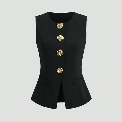 Women's Basic French-Style Sleeveless Slim Fit Blazer Vest with Metal Buttons, Lightweight Blazer for Spring and Fall Daily Wear, Classic Office Wear