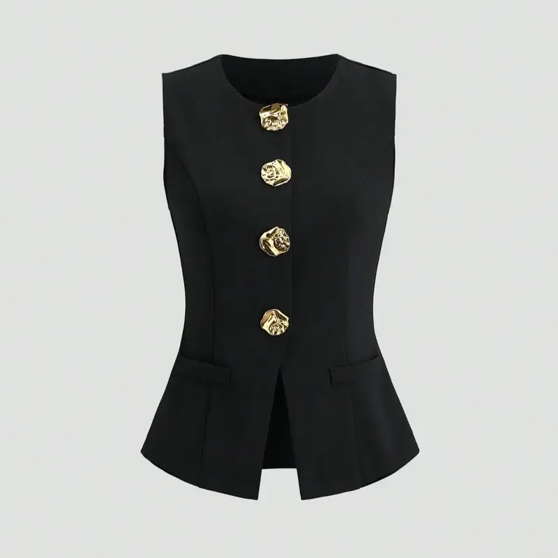 Women's Basic French-Style Sleeveless Slim Fit Blazer Vest with Metal Buttons, Lightweight Blazer for Spring and Fall Daily Wear, Classic Office Wear