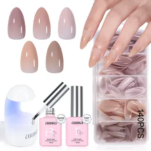 Aillsa Pre-colored Almond Nail Tips Set Including 5 Natural Colors Press-on Nail set 140Pcs in 14 Sizes, UV Light, 2in1 Base&glue and Top Coat. gelx Tips Nails Extensions for DIY Nail Art Beginner Friendly Birthday Gifts for Girls Nailcare