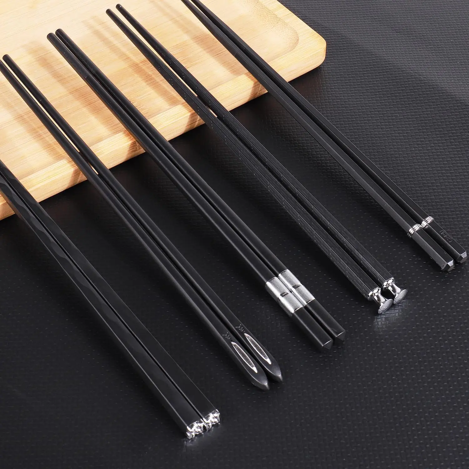 5 Pairs Premium Chopsticks Reusable Dishwasher Safe Chop Sticks Gift Set Non Slip Black & Silver