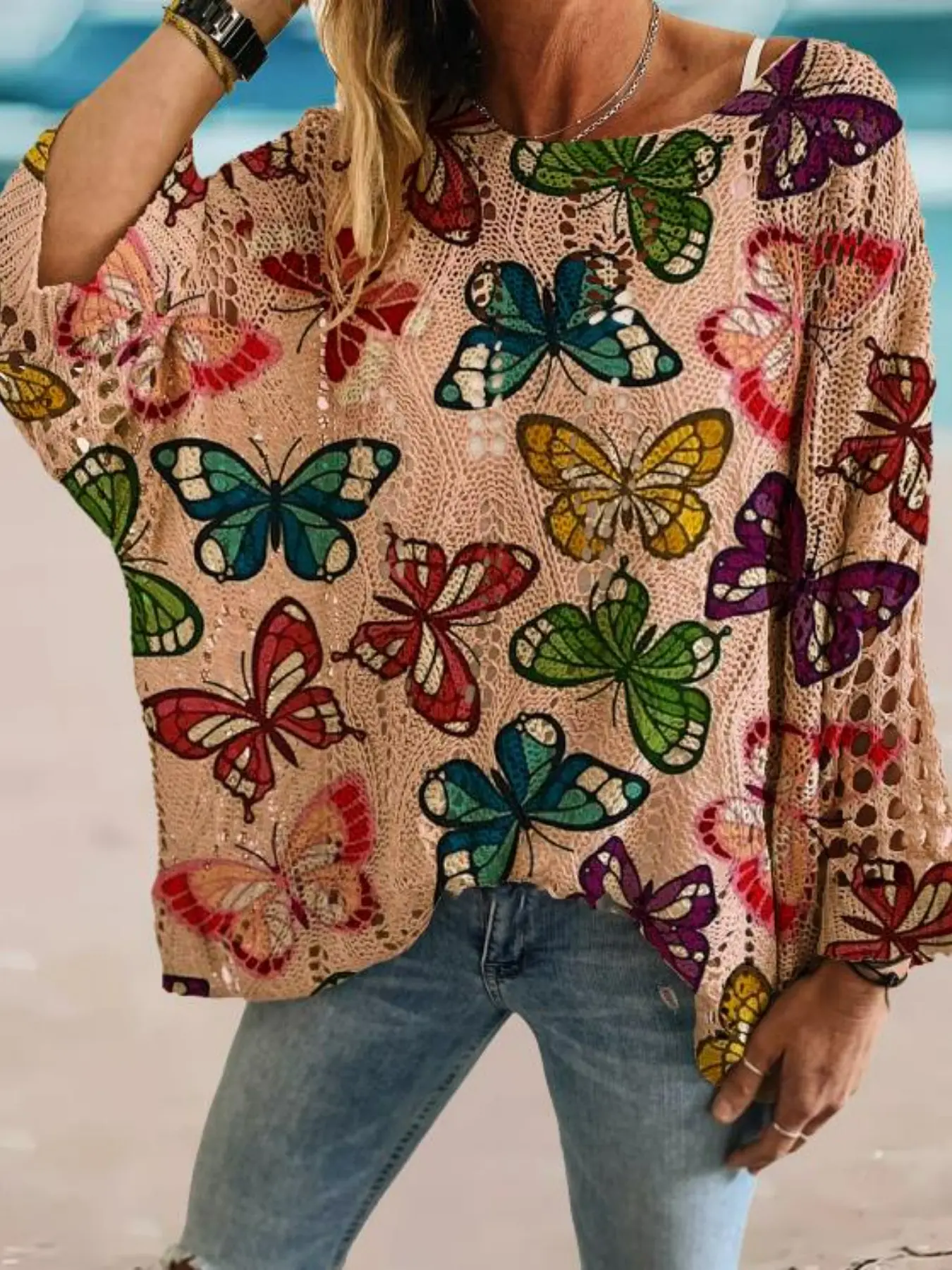Women's Butterfly Print Long Sleeve Knit Top, Elegant Loose-Fitting Vacation Shirt with Hollow Batwing Sleeves for Stylish Comfort