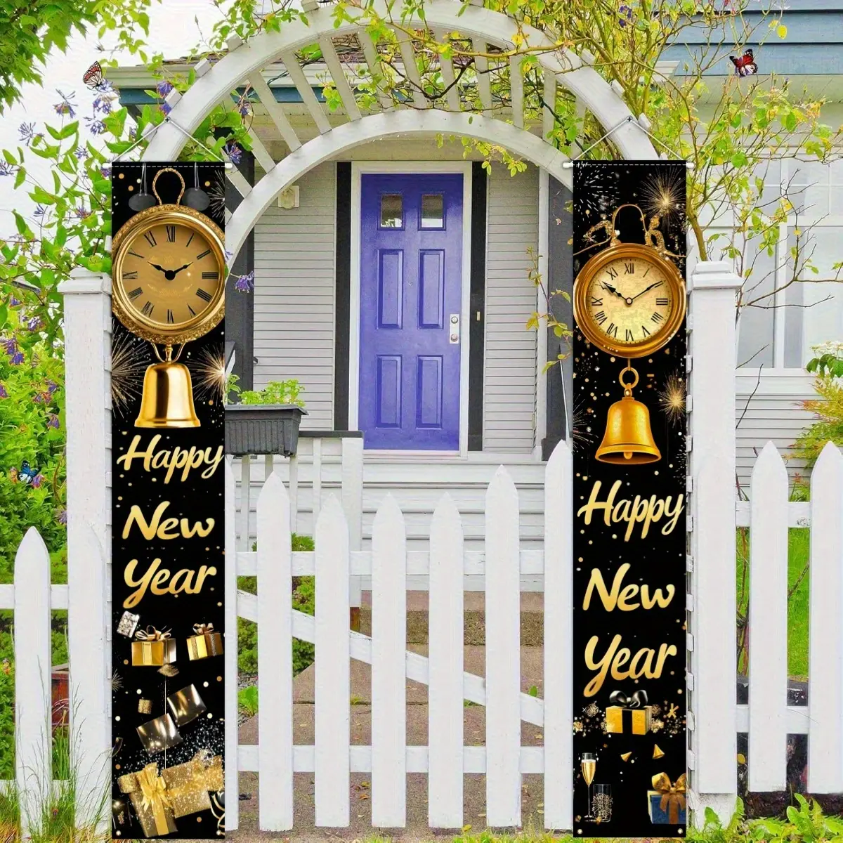 Happy New Year Door Sign Set, & Polypropylene Porch Decor, Festive Clock Design, No Power Needed, Holiday Party Decoration, Home Decor