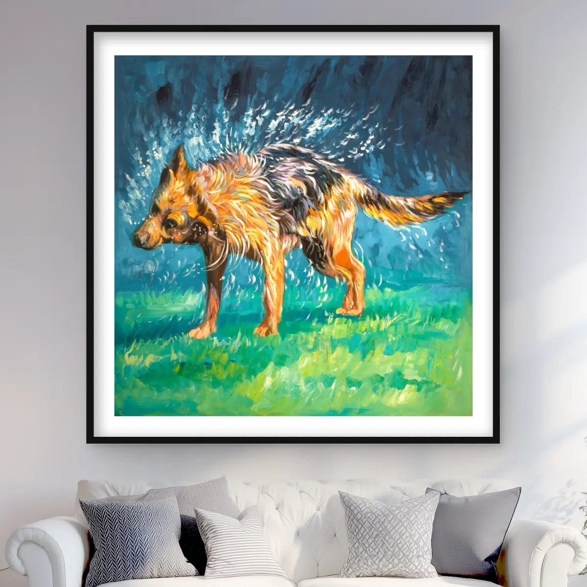 Begin Home Decor C1FM4848WGBCRW 48 x 48 in. Spin-Dry Wet German Shepherd - Livingroom Green Framed Print Wall Art