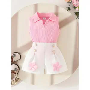 A Stylish Outfit Girls Featuring a Sleeveless Solid-Colored Top with a Collar And White Floral Shorts, Perfect Outdoor Wear