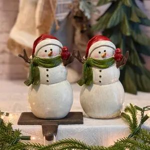 Christmas Snowman Stocking Holder or just Snowbuddies Figurine with Green Scarf, Tabletop Decoration, Festive Holiday Mantel Decor, 6.5''
