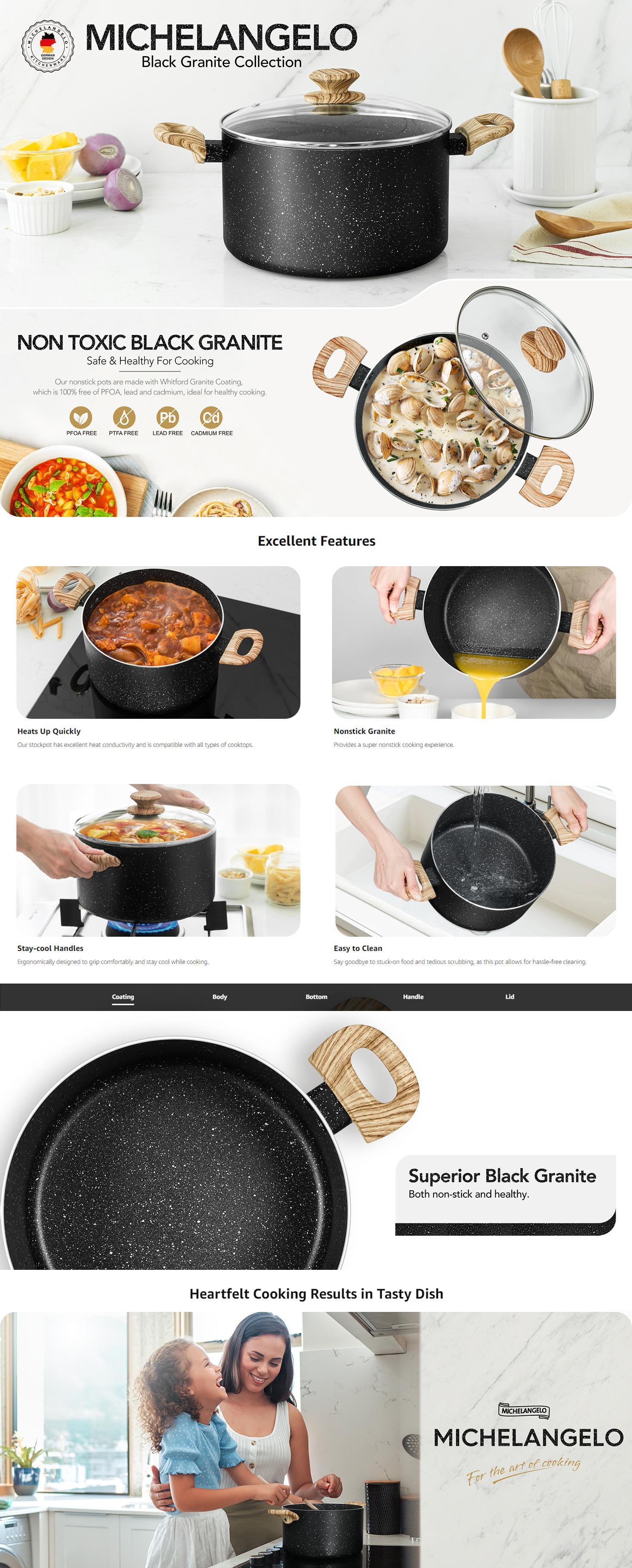 MICHELANGELO Stock Pot with Lid, Non Stick Cooking  pots , Granite Soup Pot with Lid, Induction Pot with Stay-cool Handle, Stockpot , Cookware Black