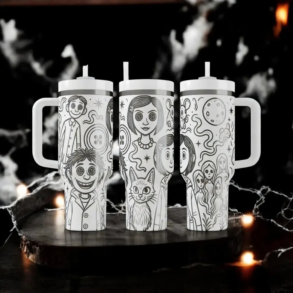Coraline Cartoon Tumbler 40oz With Handle & Straw Lid – Creepy Cute Horror Art Cup, Witchy Halloween Aesthetic Drinkware, Insulated Travel Mug, Unique Gift for Horror Lovers