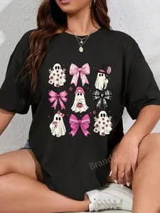 100% Cotton Unisex Spooky Vibes Pink Ghost Preppy Halloween Women Girls Kids T-Shirt Streetwear Graphic