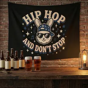 Hip Hop And Dont Stop Canvas Art Print For Living Room Bedroom Dorm Decor With Rabbit Character Wearing Hat And Sunglasses Music Notes Stars Design For Home Bar Party Wall Art