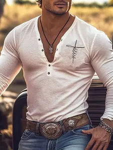 Elegant Men's Henley Shirt, Unique Print, Breathable Polyester Fiber, Button Details, Suitable for All Seasons, Henley Shirt