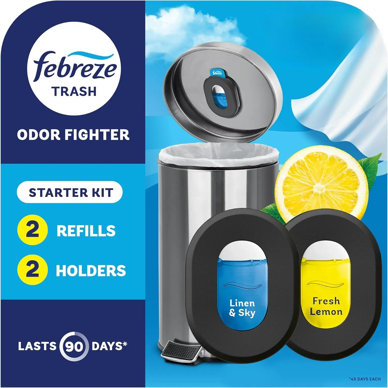 Trash Can Deodorizer Air Freshener, 2 Holders + 2 Scented Refills, Stick-On Freshener for Garbage Cans & Diaper Pails, Lemon & Fresh Linen