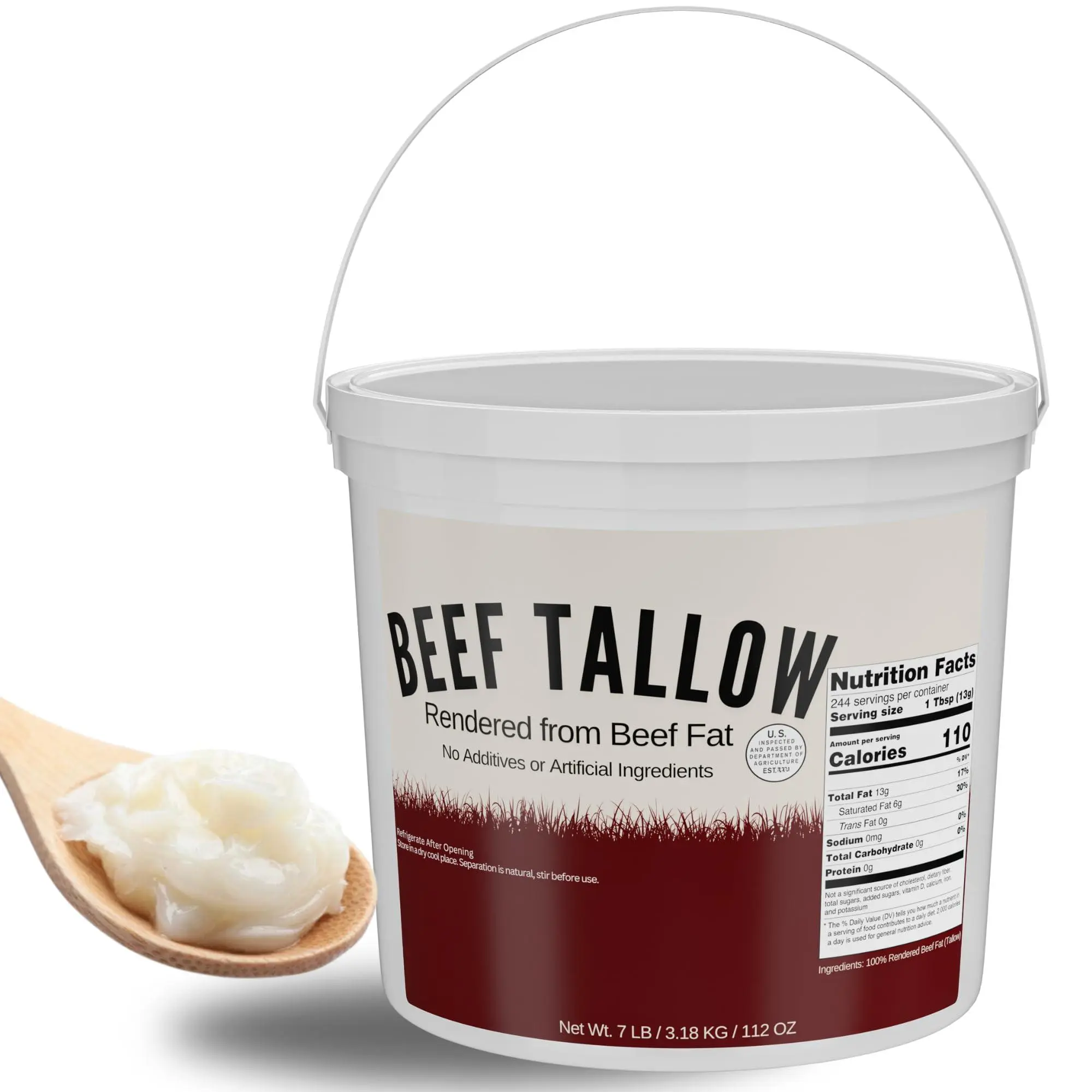 Pure American Beef Tallow for Cooking, 7 lb (112 oz) Solid 100% Pure Beef Fat, Dairy Free, No Additives, High Smoke Point Fat for Frying & Roasting, Keto Friendly, Flavor-Enhancing, Made in USA Natural Cooking Essential