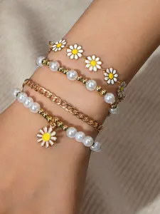 Elegant Alloy Daisy Chain Pearl Star Beaded Elastic Women's Bracelet Set, Fashionable Ladies' Jewelry, 4 Piece Set