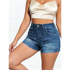 Women's Plus Size High-Waisted Denim Shorts - Stretch Pure Pocket Pants | Solid Blue Minimalist Elastic Waist Suitable for Daily Commuting, Dating & Summer Wear | Machine Washable Casual Shorts for Blouse-style Products