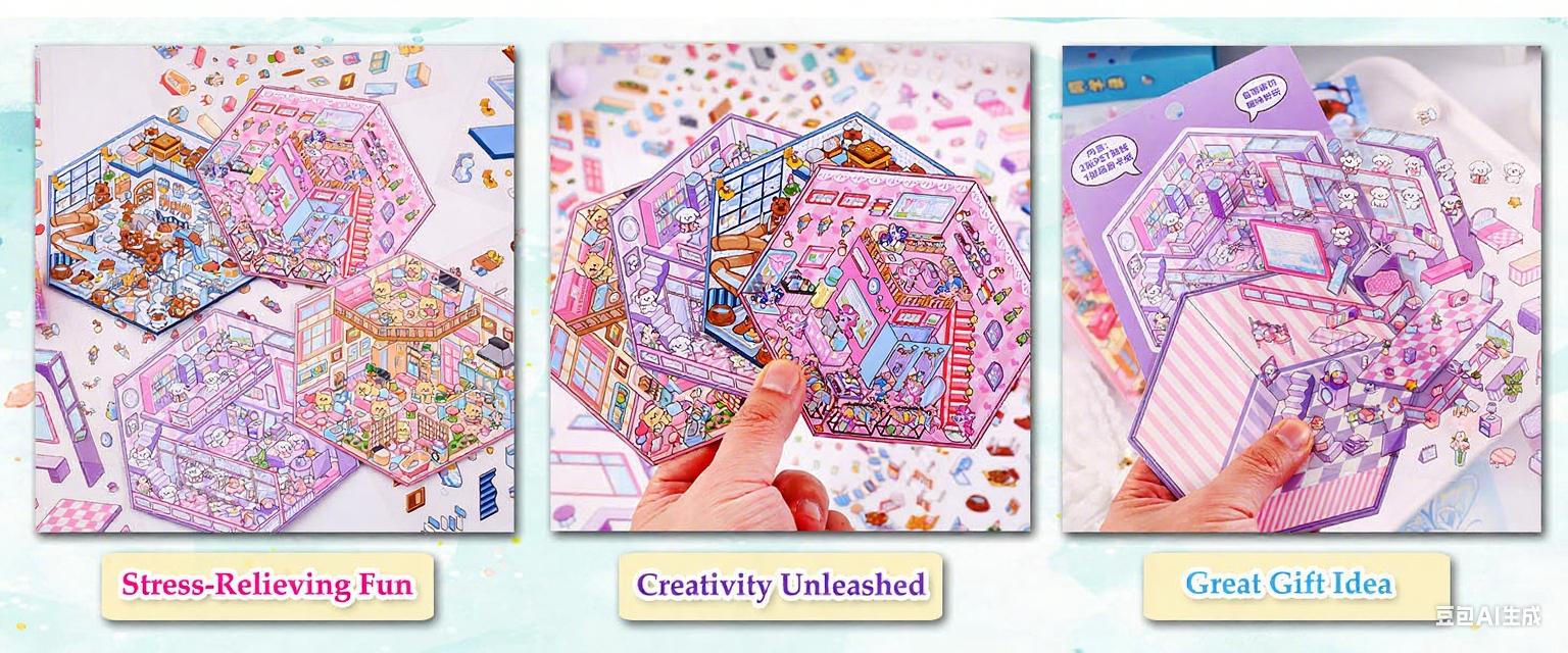 DIY 3D House Stickers, Sticker Book, Fun DIYStickers Scene Make Your Own Mini House CuteCartoon Animal Scene Sticker for Kids AdultSticker Art Relief Stress Pass The Time