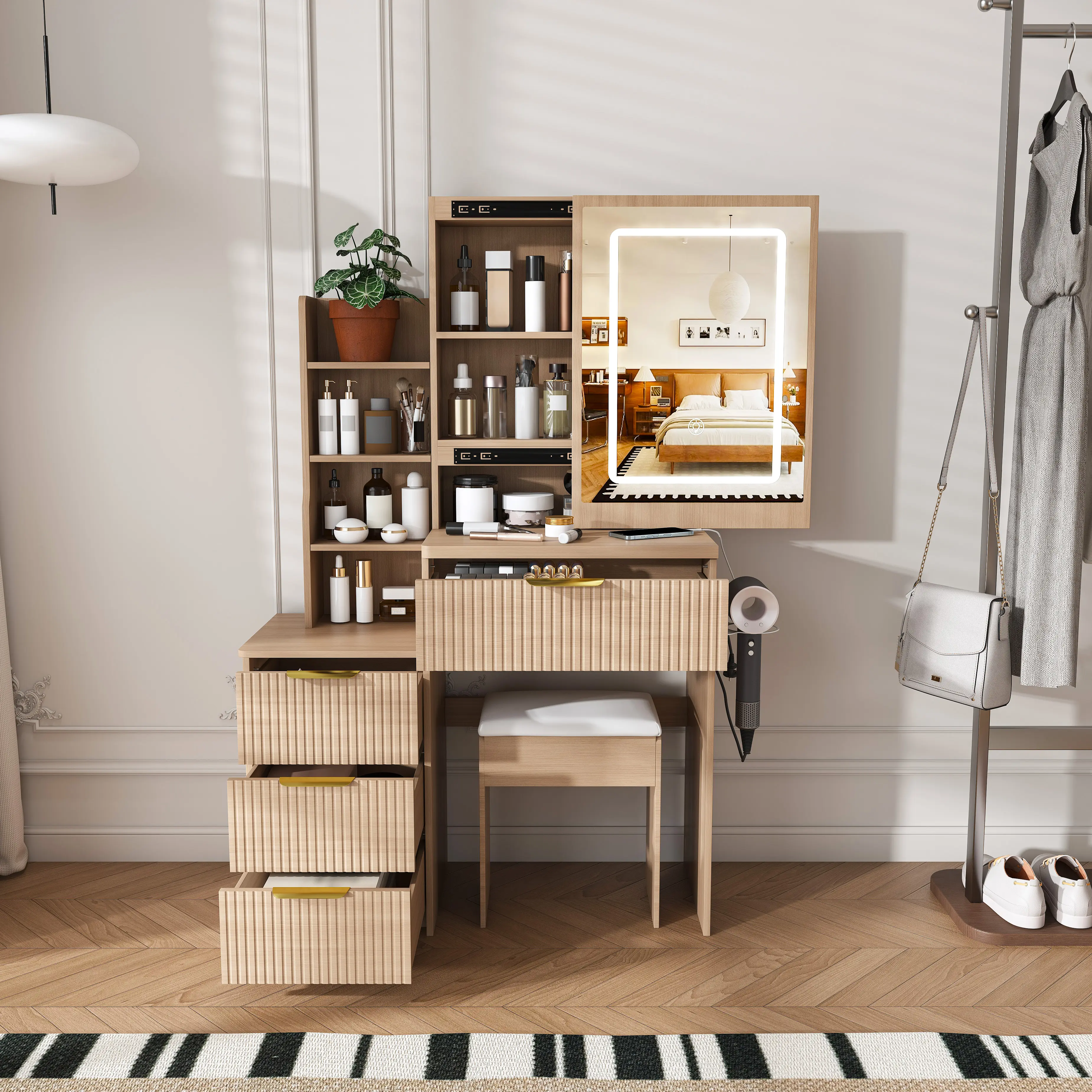 Modern Vanity Desk with LED Lighting 3 Modes & Adjustable Brightness, Makeup Table with 4 Drawers & Storage Shelves, Built-in Power Outlet & Hair Dryer Holder, Easy Assembly