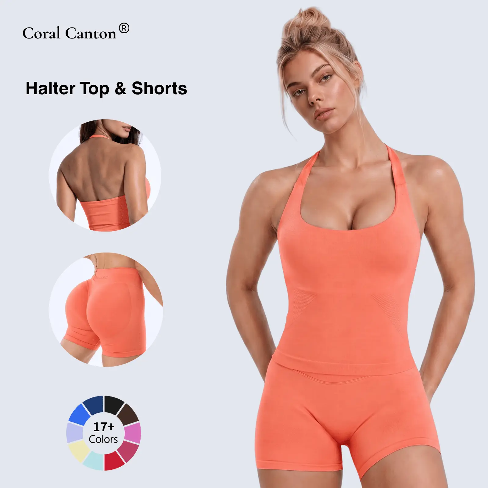 Coral Canton Halter Top & Sports Shorts Set