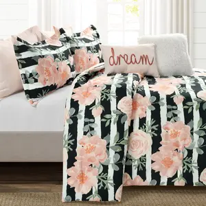 Lush Decor Amara Watercolor Rose Comforter Queen Size 7 Piece Set Full/Queen/King Black & Dusty Rose - Floral Bedding Set Comforter - Striped Bedding