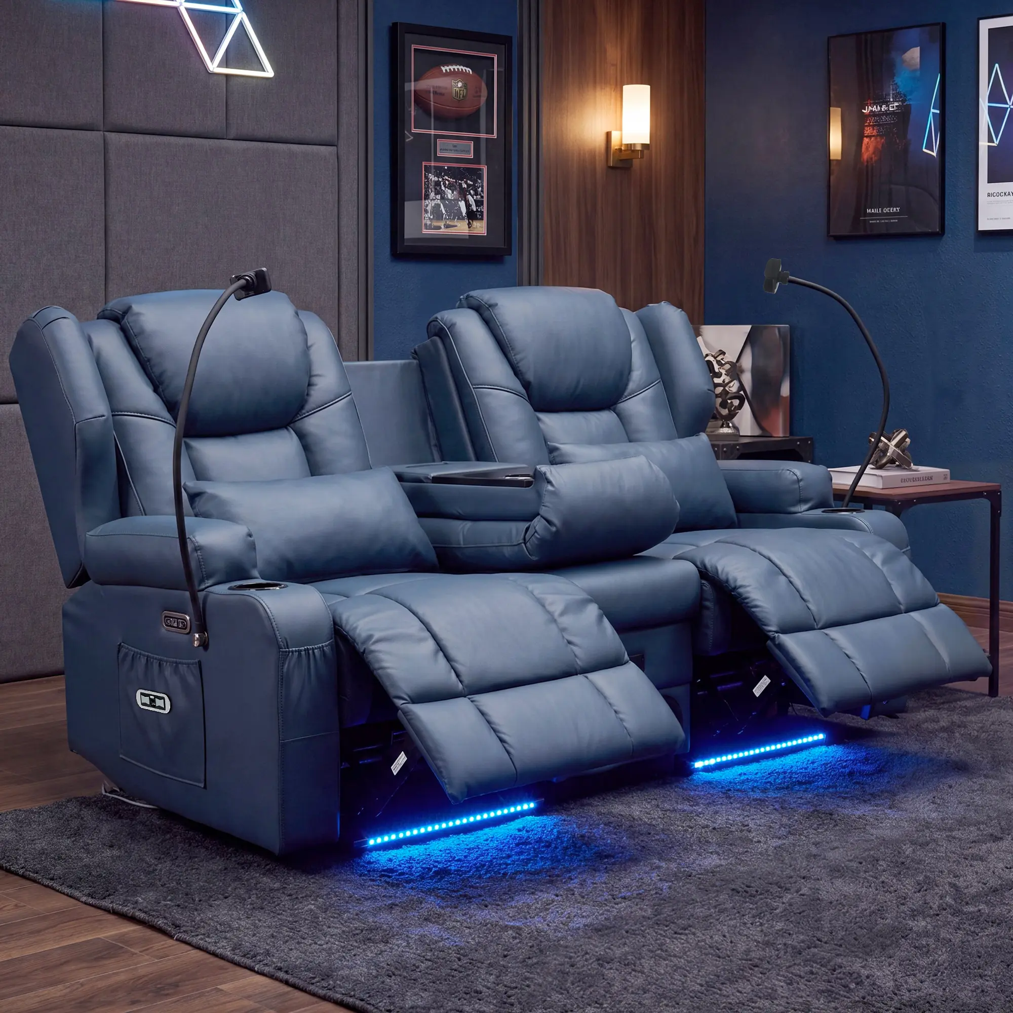 Loveseat Recliner with Massage and Heat,Wall Hugger Power Recline Sofa with LED Lights for RV, Home Theater Seating,Living Room,Bluetooth Speakers USB Type-C and Cup Holders Included, Dark Blue