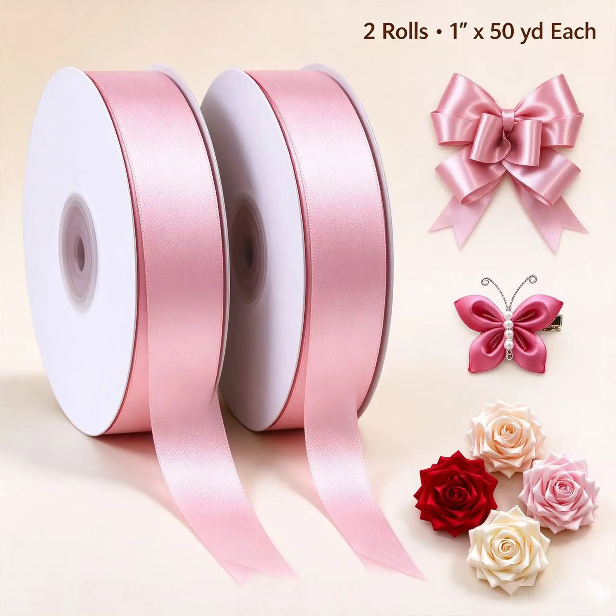 Mypartyco Pink Polyester Satin Ribbon (1"x50yd/roll, 2 Rolls, 100 yd Total), Soft Sheen, Easy to Knot, Bow Making Ready for Craft Makers, Bridal Events, Spot Clean Home & Festive Decor Supplies Gift Wrapping Supplies, 1 Inch Wide