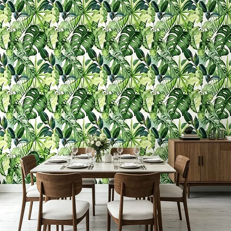 Peel & Stick Tropical Wallpaper, Monstera & Palm Leaf Print, Removable Waterproof Vinyl Mural, Boho Living Room Decor, Easy Install