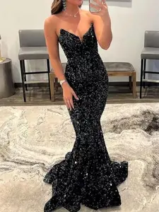 S Marlene Sequin Evening Dresses for Women Formal Sexy Long Prom Party Gowns Mermaid Sparkly V-Neck Homecoming Dress V-Neck Plain Elegant Retro Floral Business Evening Boat Neck Slim-fitting