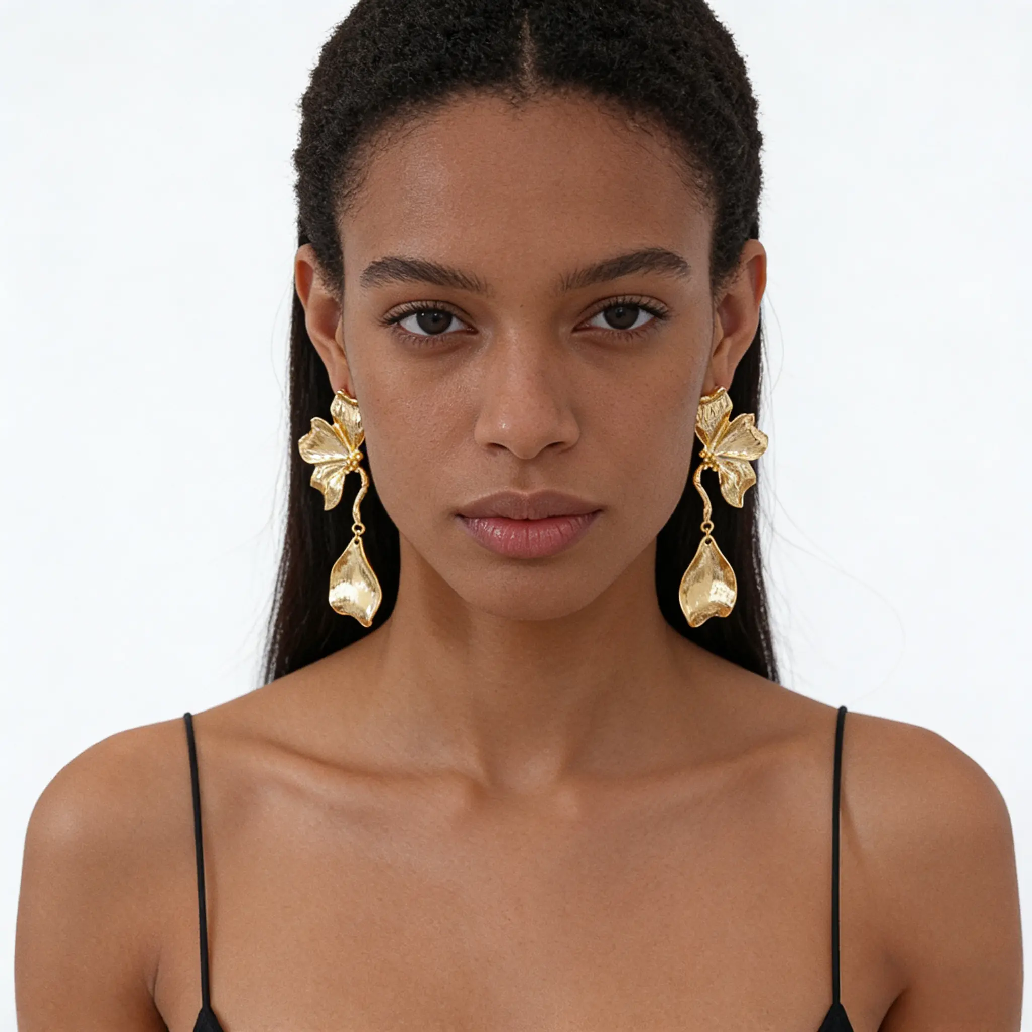 Gold Statement Earrings - Botanical Floral Leaf Dangle Style, Blinged-Out Aesthetic Design, Gold Textured Finish, Dimensional Petal Accents, Suitable for Casual & Special Occasions