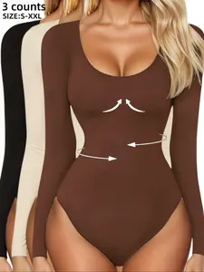 S-XXL Women's Ribbed Abdomen Control Bodysuit, Long Sleeve Seamless T Shirt,Comfortable Scoop Neck Body Suit Stretchy Basic Tops, Fit Soft Elastic Fabric, Perfect For Daily Wear and  Going Out,Seamless Sculpting Bodysuit,Shapewear For Fall&Winter