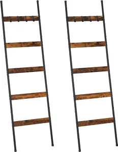 ELYKEN 2 Pack Blanket Ladder for Living Room, Farmhouse 5 -Tier Quilt Holder with 4 Removable Hooks for Bathroom, Wood Towel Rack Display, Wall Anchor Leaning Decorative Stand for Home Decor
