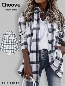Women's Plaid Print Button Front Drop Shoulder Shirt, Casual Long Sleeve Collared Pocket Top for Fall & Winter, Women's Clothes for Daily Wear