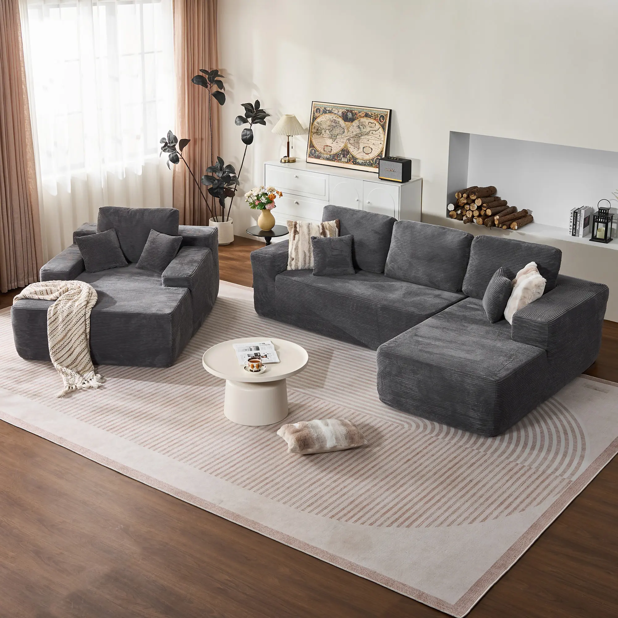 Light Grey Corduroy Right Chaise+Sofa Bed