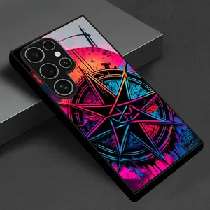Neon Star Disk Pattern Premium Glass Phone Case Cover, High-Quality Business Style, Fits Samsung S25, S24, S23, S22, S21, Note10, Note20, A55, A54, A53, A52, A36, A35, A34, A33, A23, A15, A14, A13