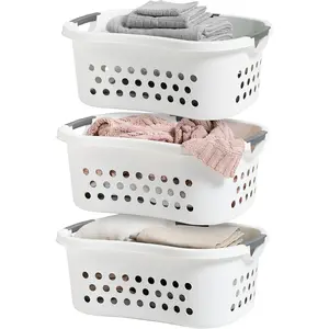 IRIS USA Laundry Basket 50L Large Plastic Hip Hold Hamper with Built-In Comfort Carry Handles, 3-Pack, 1.5 Bushel Hamper for Storage with Ventilation Holes for Closet Dorm Laundry Room Bedroom, White