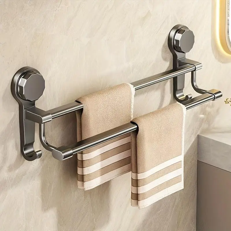 Upgraded Strong Adhesive Suction Cup Mount Double Bar Towel Rack, No-Drill Wall-Mounted Hanging Rod for Bathroom, Kitchen, Adhesive Suction Cup Mount Towel Bars