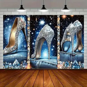 Modern Farmhouse 1pc Glamorous Crystal Denim & High Heels Party Backdrop Banner - Sparkling Amber Glow Polyester Wall Decor for Home, Room, and Party Photo Props, Mixed Colors, Perfect for All Seasons, Party De Ornaments