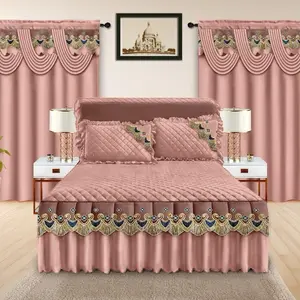 5 pcs Bed Skirt Set - King Size Luxury & Elegant with Twal Mou & Konfotab, Kalite Siperye Dire Longtan, Broderie Elegant, Bay Chamn Ou Yon Look Luxury