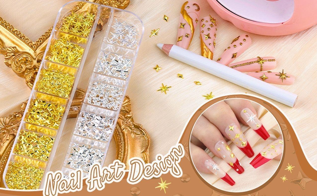 2640Pcs 3D Star Nail Charms, Gold & Silver Multi-Shapes Metallic Nail Art Gems and Small Round Caviar Beads, Craft Jewels Nail Rhinestones Accessories Manicure Decor with Tweezers and Pick-up Pencil