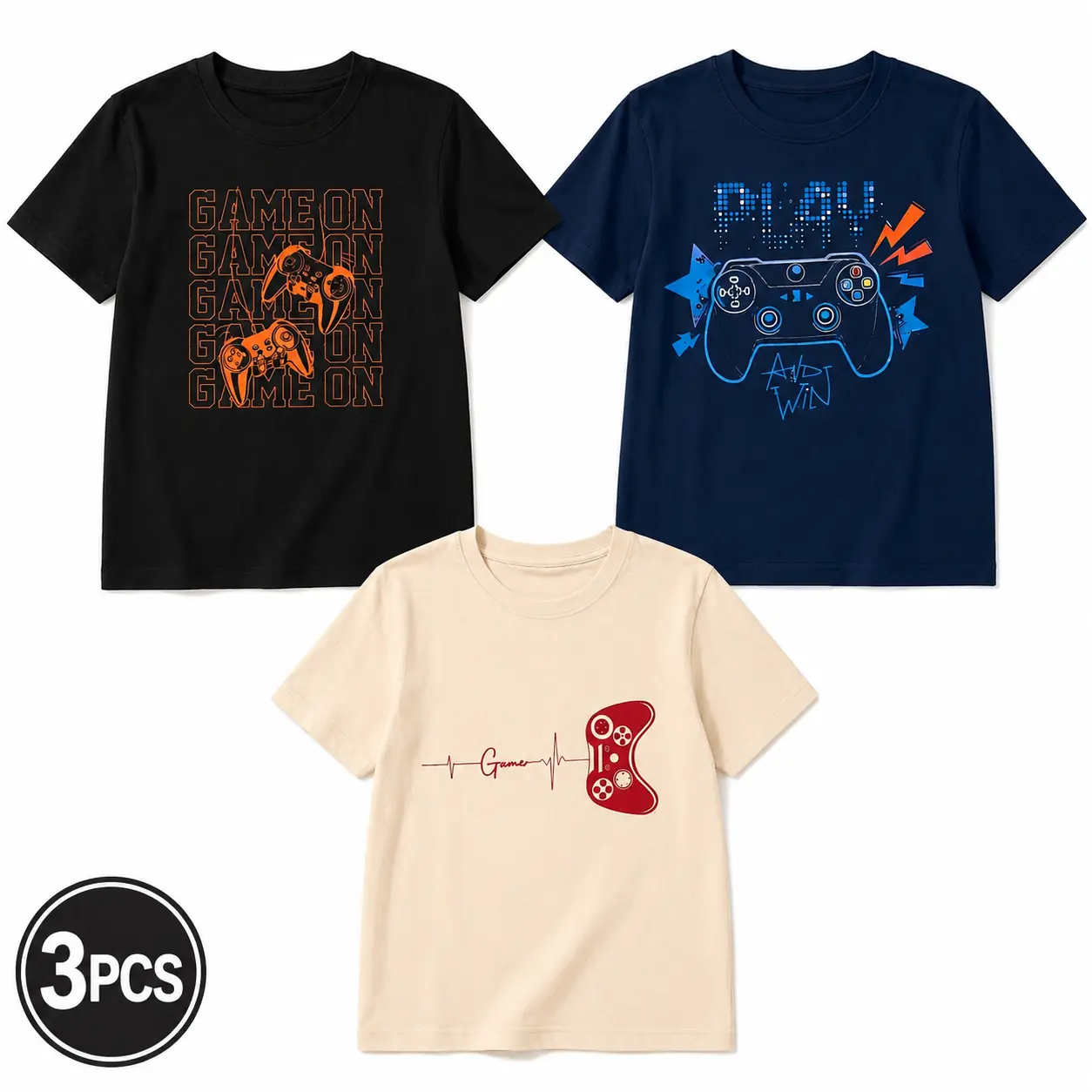 Boys' 3-Pack Graphic T-Shirts - Video Game Controller Print, Short-Sleeve Crew Neck, Casual Summer Tops  3-piece set