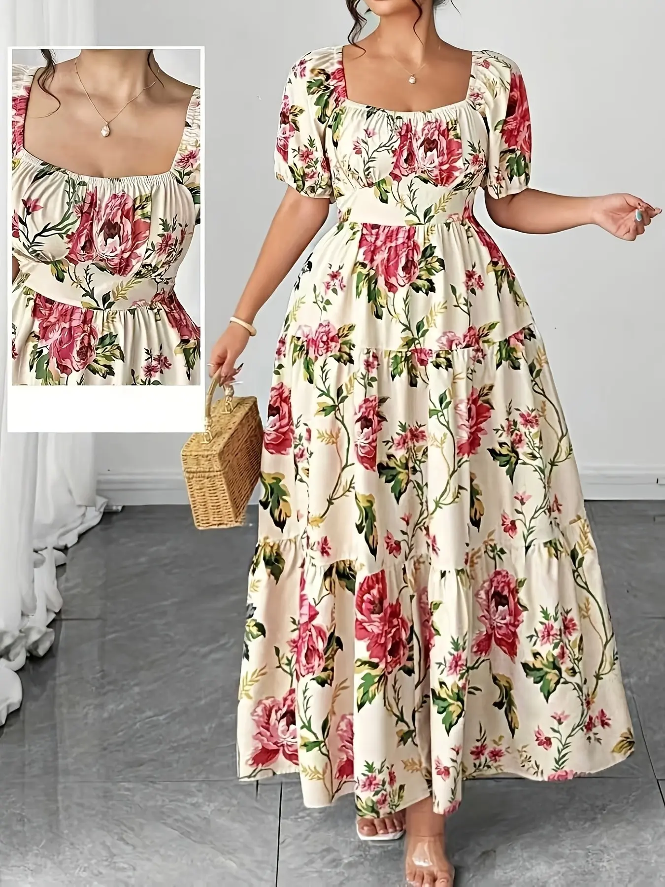 Women's Plus Size Fashion Casual Wear Summer Ruched Floral Print Elegant Boho Bohemian Dress, Stylish Ladies' Clothing, Comfortable, Fit and Trendy Design, Bohemian Style Dresses