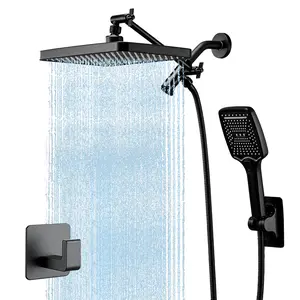 12-Inch Rainfall Shower System (with Handheld Shower) — Features a multi-mode handheld showerhead, metal extension arm, long hose for the detachable dual-shower setup, and a matte black finish.
