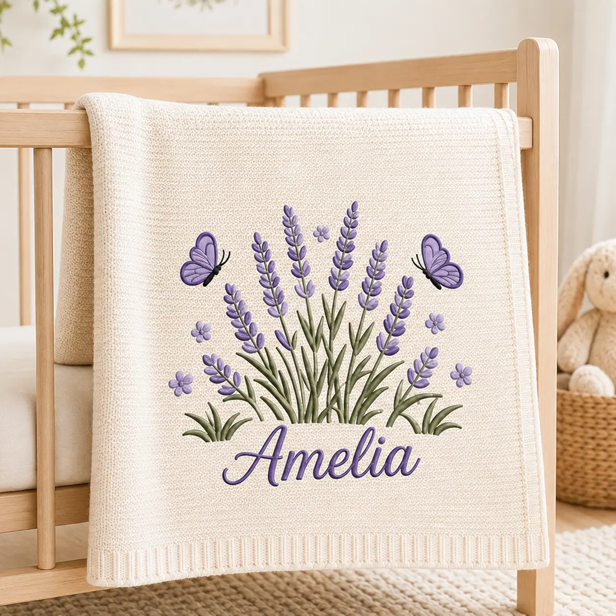 [Made-to-Order] Personalized Embroidered Lavender Baby Blanket, Custom Knit Baby Blanket with Name, Blooming Lavender Butterfly Nursery Gift, Newborn Keepsake