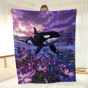[300GSM]Contemporary Flannel Bed Blanket with Orca Whale and Floral Design - All-Season Digital Print Sofa Throw - Lightweight, Machine Washable, Woven Craftsmanship